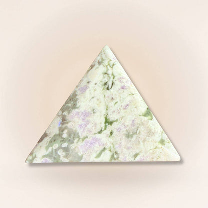 Lavender Serpentine and Stichtite Peace Jade triangle palm stone with soft green and cream tones, perfect for healing energy work.