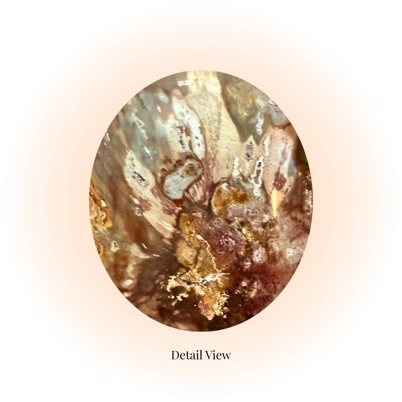 Detail view of Polished Petrified Wood Slice showing rich red-brown and oceanic blue-green fossil patterns from Madagascar, 98g-105g. Detail view of Slice B