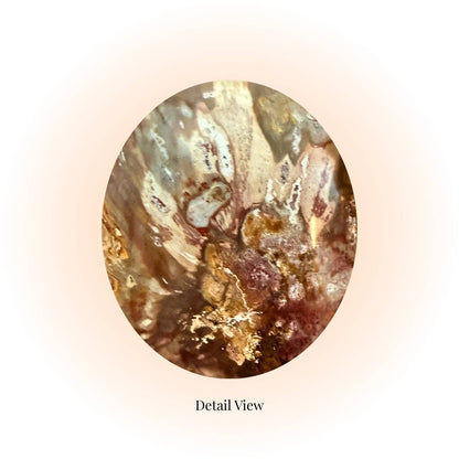 Detail view of Polished Petrified Wood Slice showing rich red-brown and oceanic blue-green fossil patterns from Madagascar, 98g-105g. Detail view of Slice B