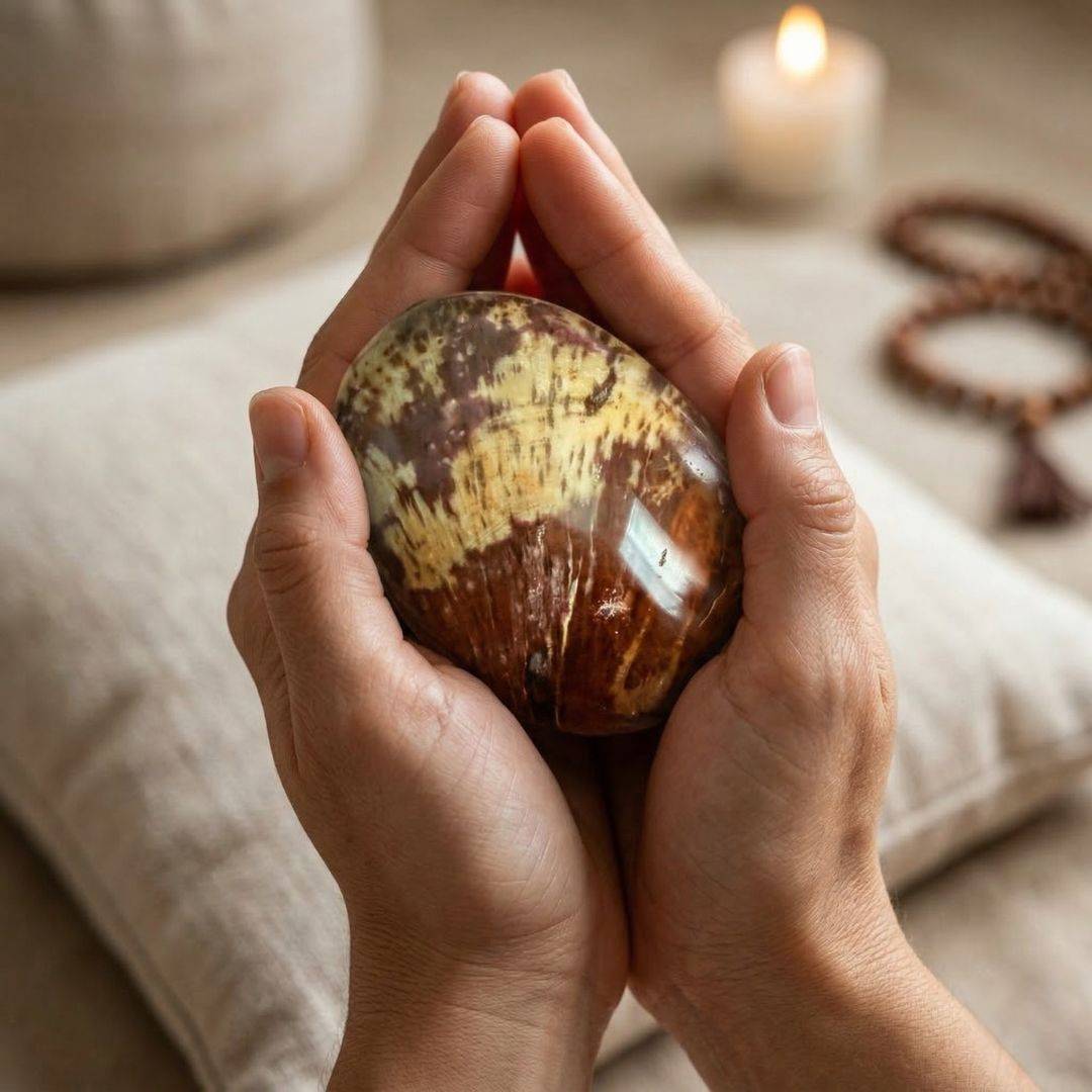 Polished petrified wood palm stone, medium size, grounding protection stone