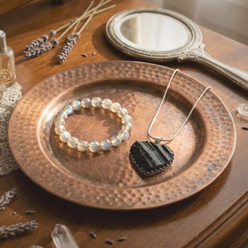 Circle of Safekeeping Aligned Pairing - Protection Energy set with Black Tourmaline heart pendant and Labradorite bead bracelet on copper tray.