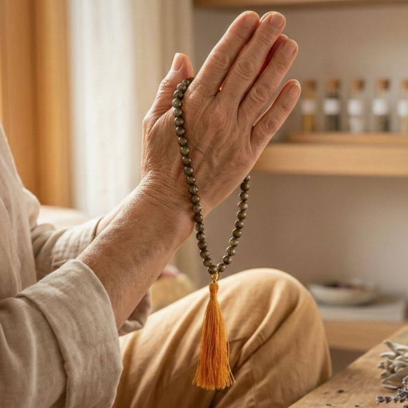 Handheld Pyrite Mala for Protection & Confidence used during meditation, featuring 108 beads and vibrant tassel in a serene setting.