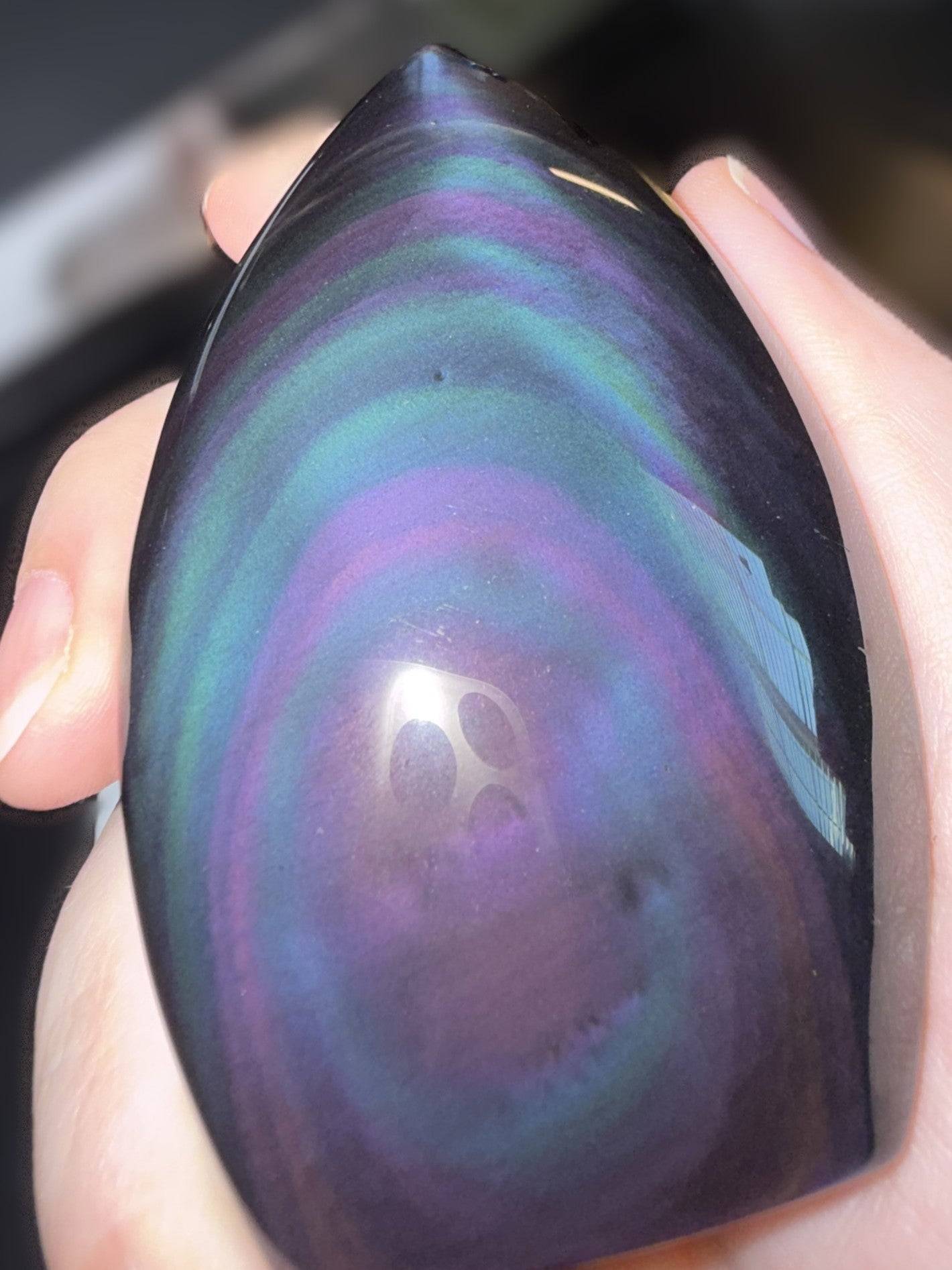 Rainbow Obsidian Freeform Flame showing vibrant green, purple, and blue sheen in polished finish.