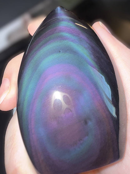 Rainbow Obsidian Freeform Flame showing vibrant green, purple, and blue sheen in polished finish.
