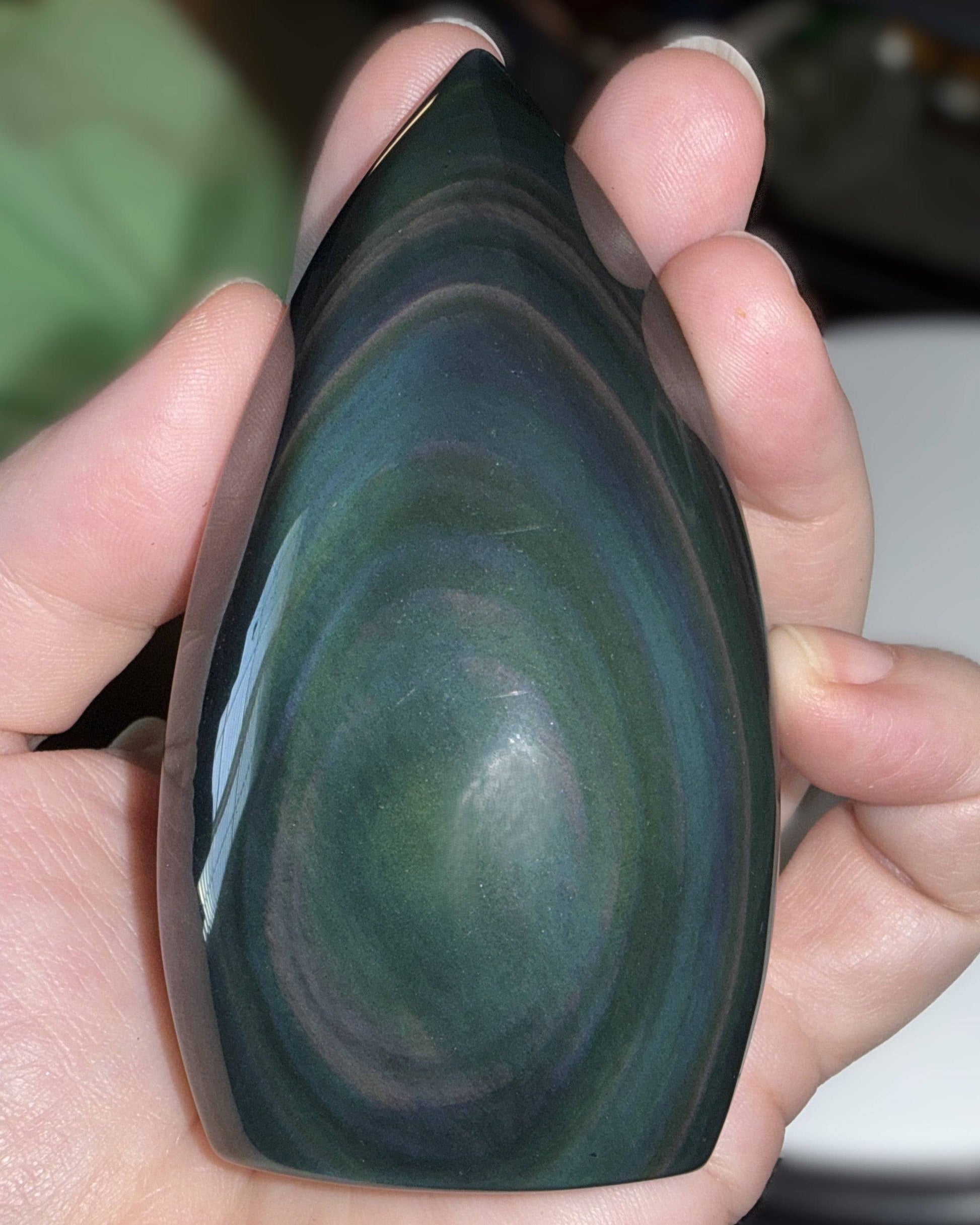 Rainbow Obsidian Freeform Flame showing vibrant green, teal, and blue sheen in polished finish.