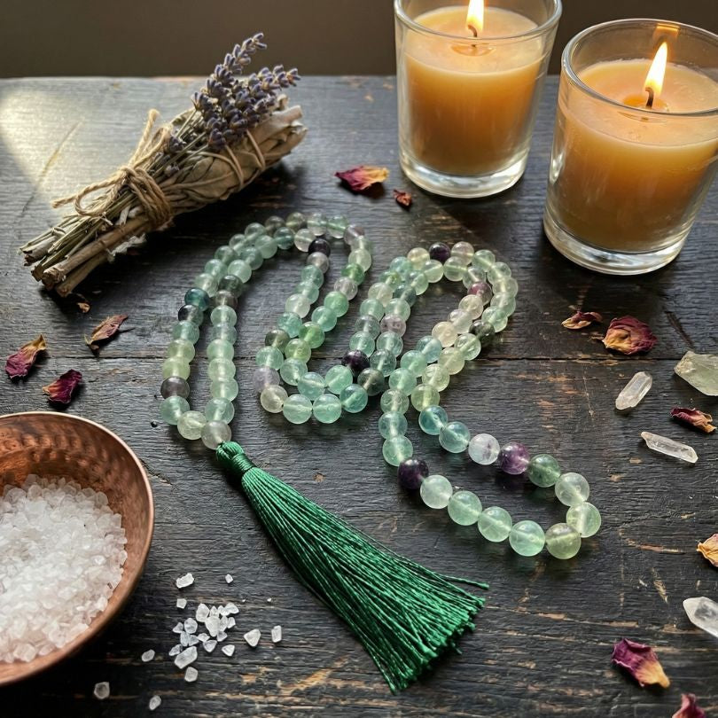 Rainbow Fluorite Mala Beads - Clarity Focus | 108 beads, 8mm displayed with candles, sage, and crystals for ceremonial use.