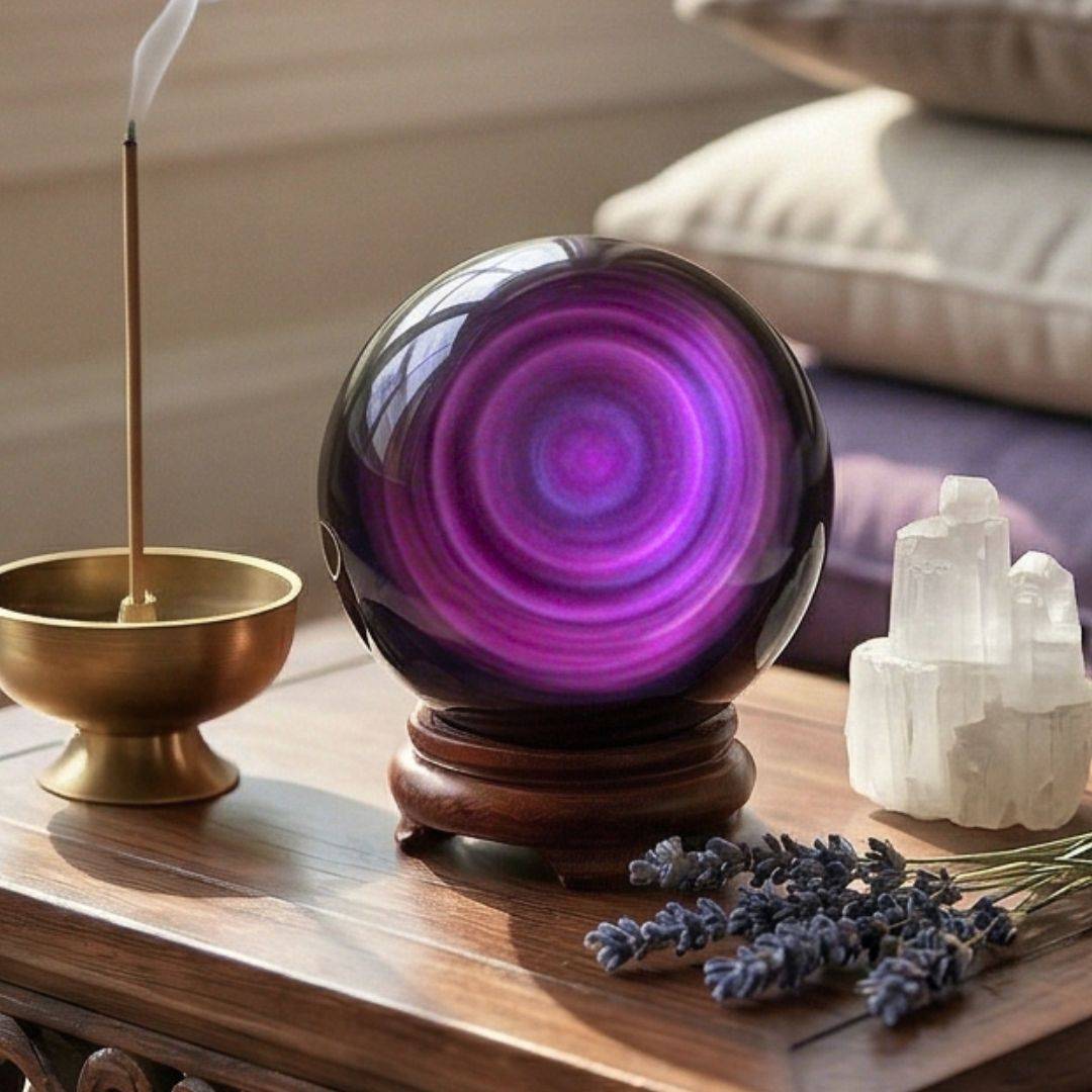 Purple and black Rainbow Obsidian Sphere with stand