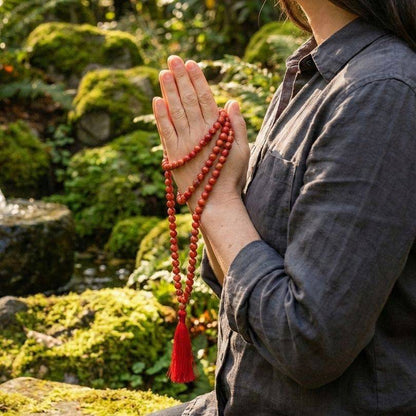 Person meditating outdoors holding Red Jasper Mala Necklace with 108 beads, used for grounding and spiritual strength.
