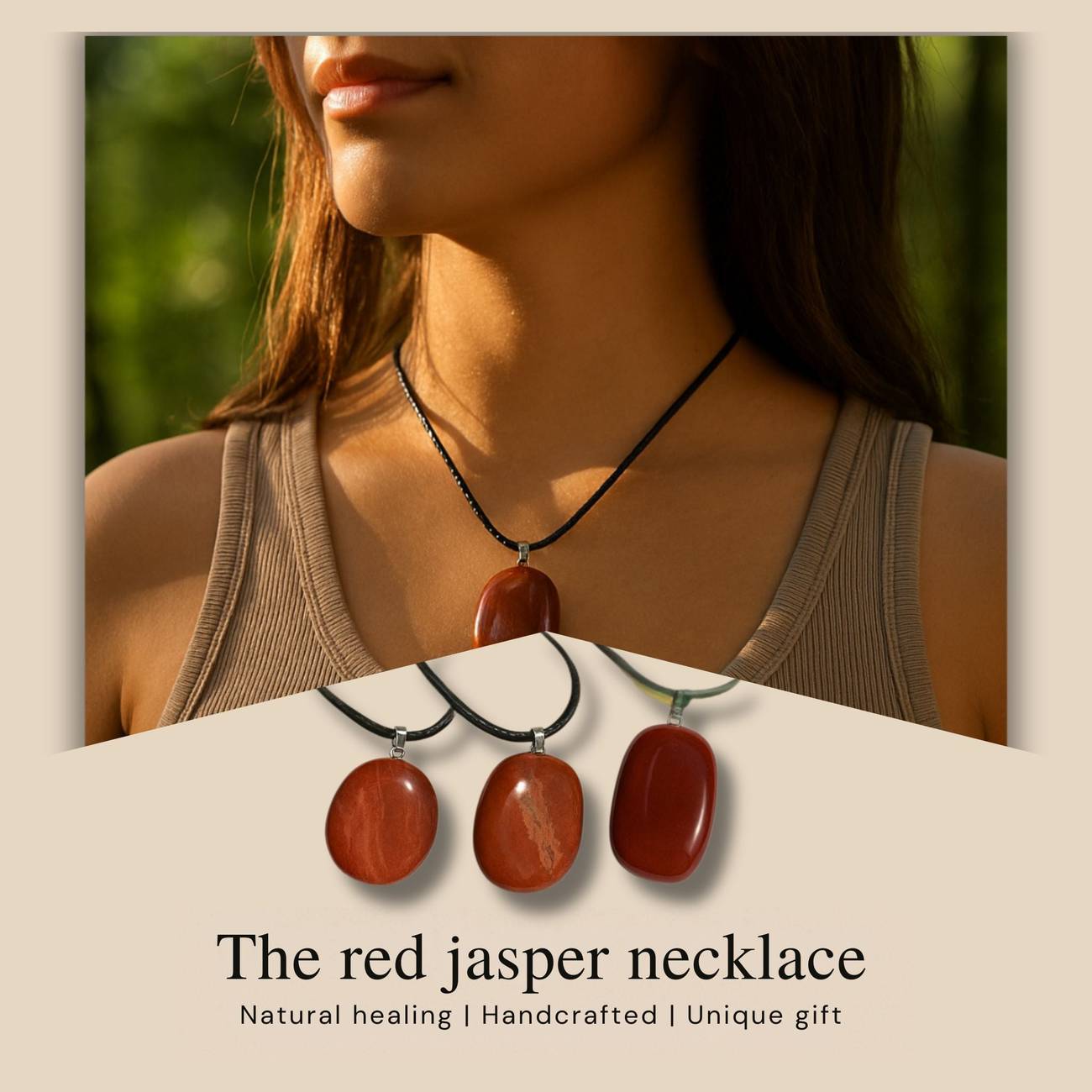 Three red jasper pendant necklace on black waxed cotton cords, showing natural variations in red, brown, and cream banding.