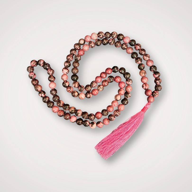 Rhodonite Mala Necklace for Emotional Balance with 108 polished 8mm beads and pink tassel, ideal for heart healing meditation practices.