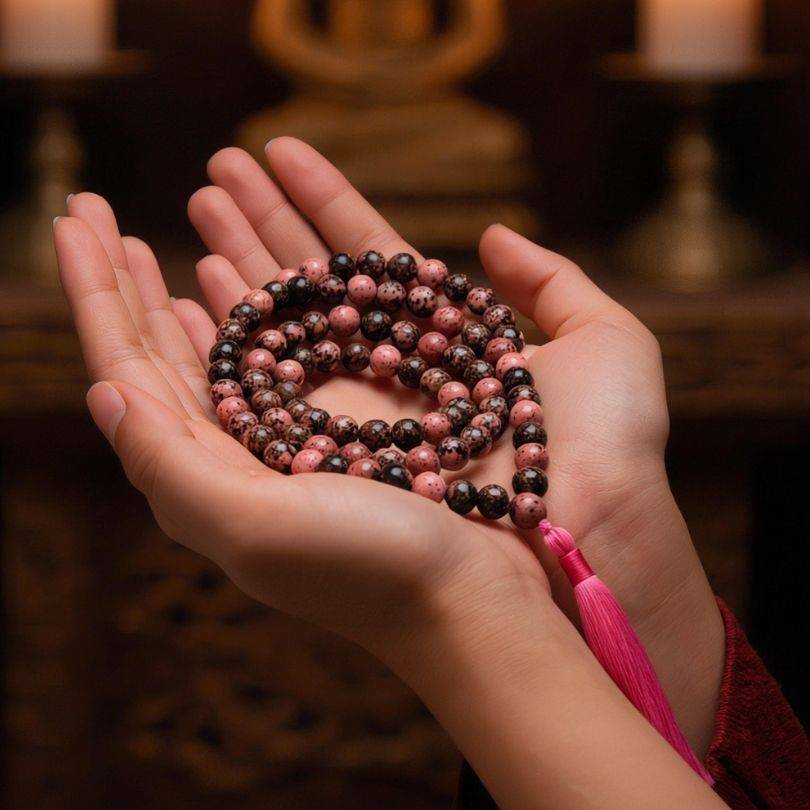 Handheld Rhodonite Mala Necklace for Emotional Balance featuring 108 pink and black beads, used in spiritual rituals and heart chakra healing.