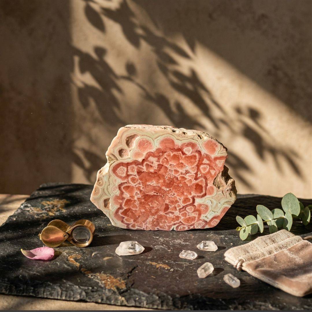 Rhodochrosite mineral specimen with rounded formations and pink hues