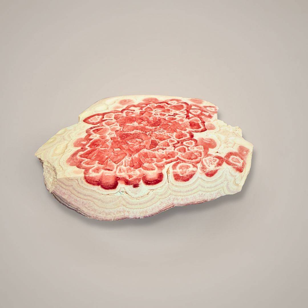 Close-up of Rhodochrosite stalactite slice with natural crystal patterns