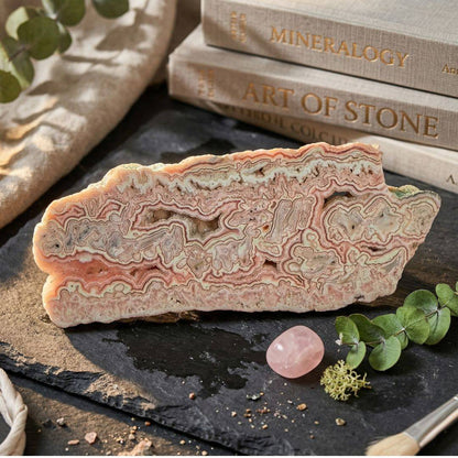 Rhodochrosite stalactite slice with pink banding and intricate mineral layers