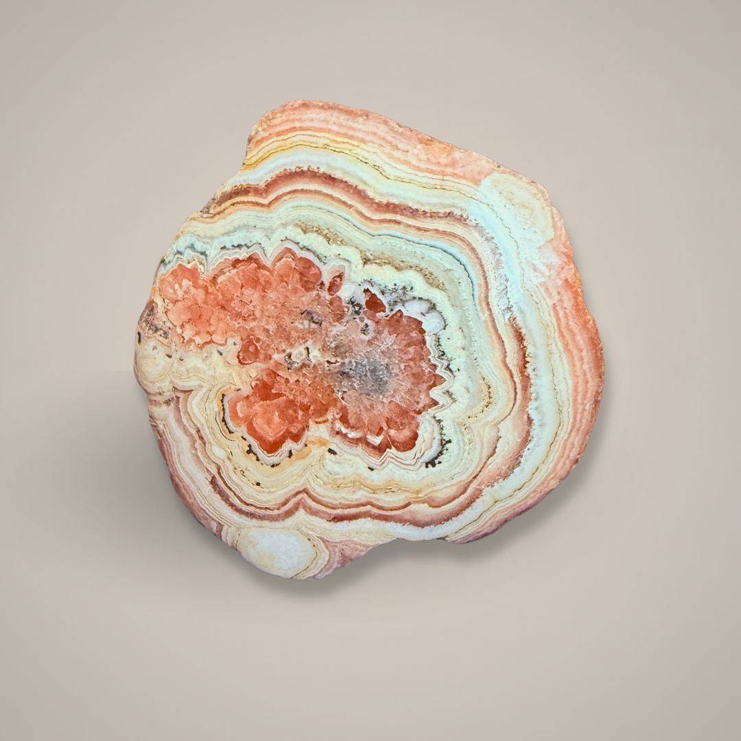 Rhodochrosite stalactite mineral specimen with rose banding and druzy center