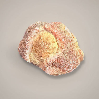 Rhodochrosite mineral specimen with size reference, showing pink banding and druzy center