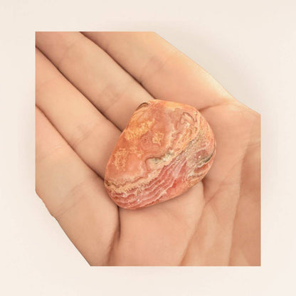 Polished Rhodochrosite gemstone in hand, pink and white mineral for arts and crafts