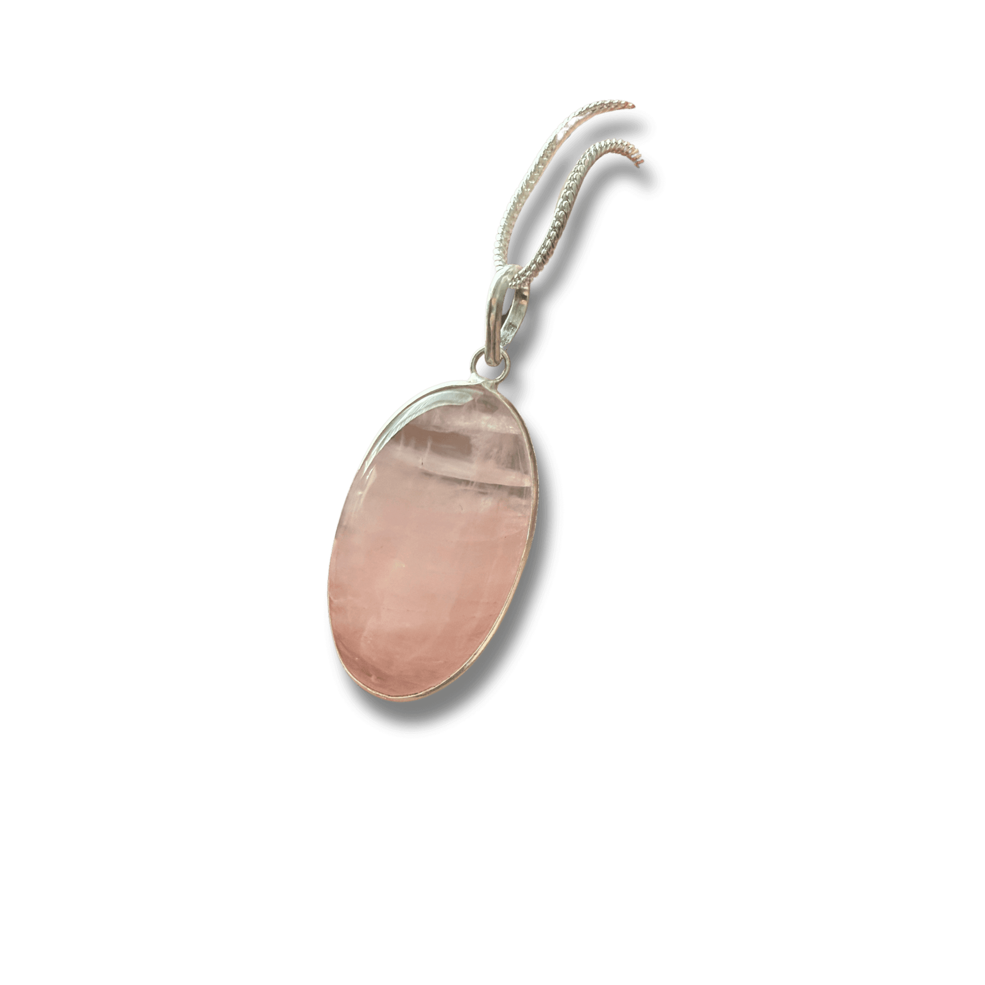 Rose Quartz Oval Pendant in sterling silver with soft pink hues, symbolizing love and healing. Ideal for emotional balance and heart chakra jewelry.