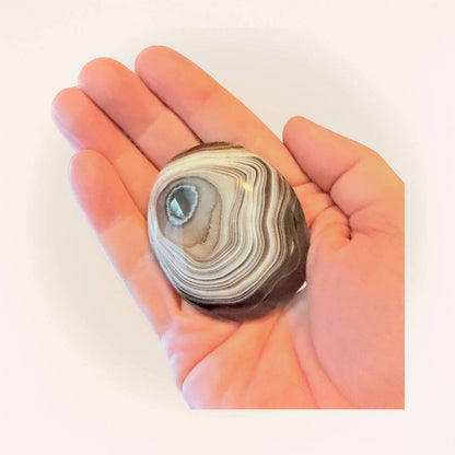 Polished medium Sardonyx palm stone with bold banding held in hand, perfect for grounding, protection, and collectible crystal use.