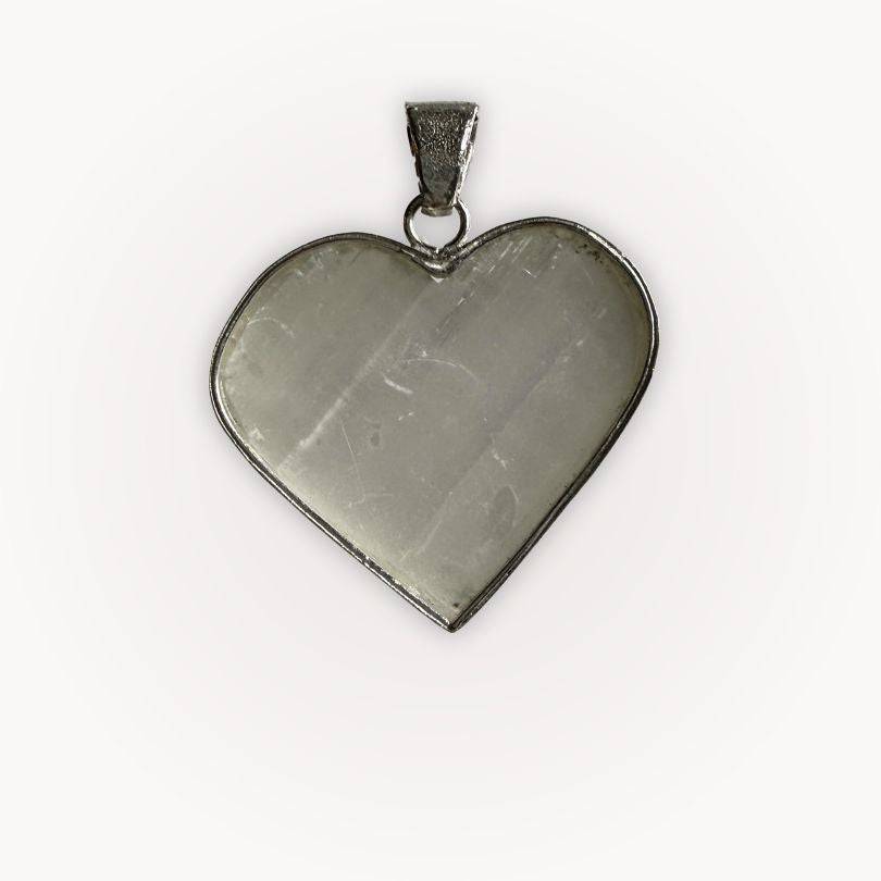 Back view of Selenite Raw Front Heart Pendant with polished finish and silver bezel, perfect for spiritual alignment and balance.