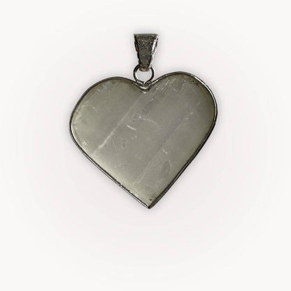 Back view of Selenite Raw Front Heart Pendant with polished finish and silver bezel, perfect for spiritual alignment and balance.
