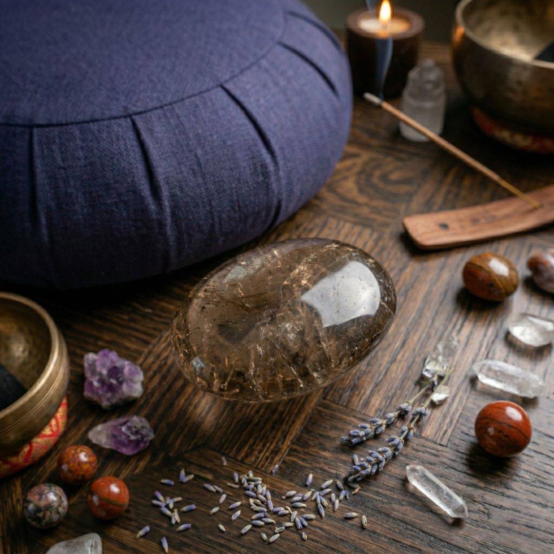 Smoky Quartz palm stone on wooden surface with crystals and candles