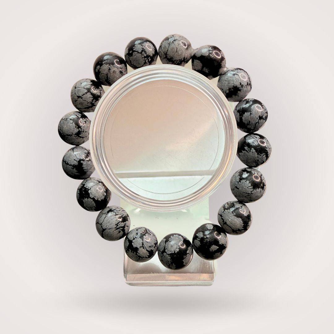 Snowflake Obsidian Bracelet - 12mm Beaded | Grounding, Balance. Handcrafted bracelet with polished 12mm snowflake obsidian beads for energy grounding.