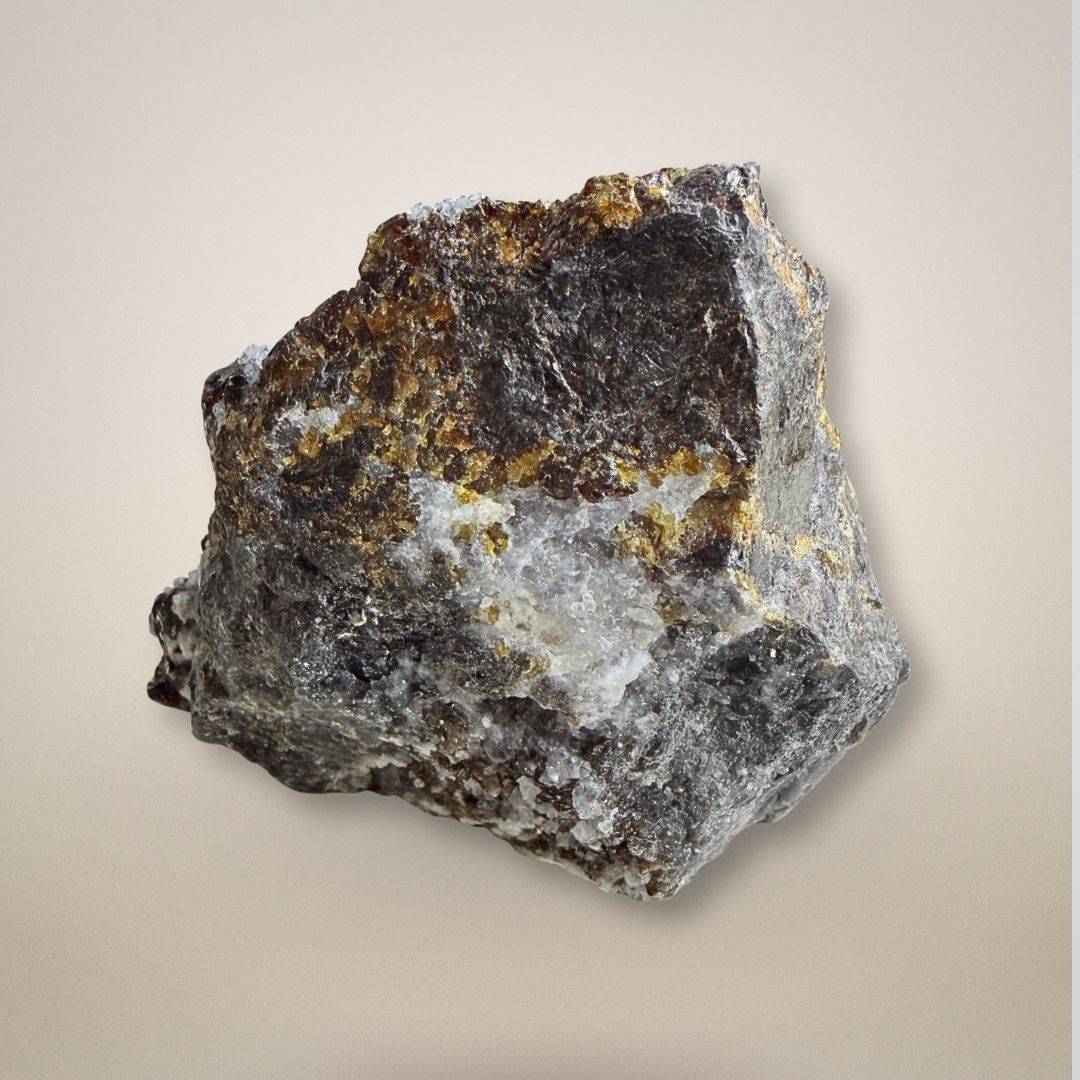 Side view of Sphalerite with Quartz from Grube Lüderich, Germany, highlighting raw mineral texture and natural golden inclusions.