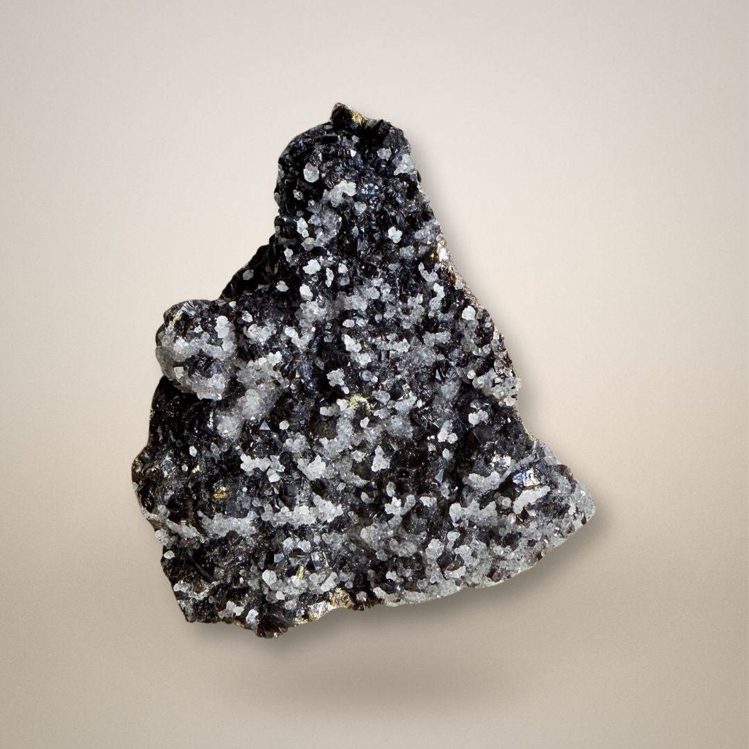 Sphalerite with Quartz specimen from Grube Lüderich, Germany featuring dark crystal matrix with sparkling quartz clusters. Ideal for mineral collectors.