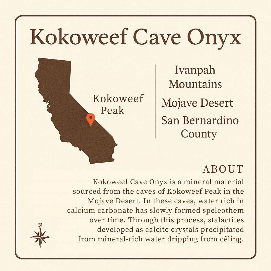 Map graphic showing Kokoweef Peak in California's Mojave Desert, highlighting the origin of the Unique Kokoweef Cave Stalactite - 162g Mohave Desert Specimen.
