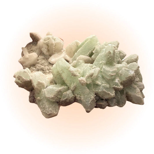 Collector-quality Green Apophyllite Stilbite crystal cluster from India featuring translucent green points and creamy stilbite formations.