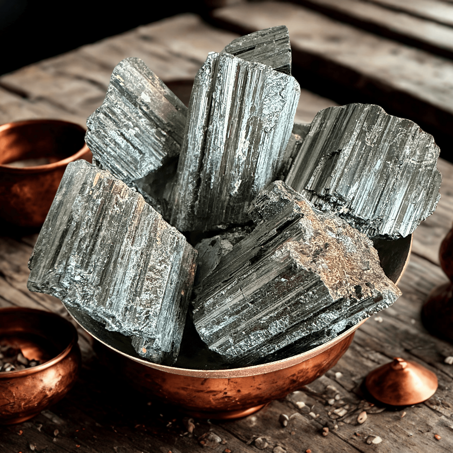 Raw black tourmaline rough from Brazil in a copper bowl on rustic wood — large striated chunks with natural sheen, 50g–120g pieces.