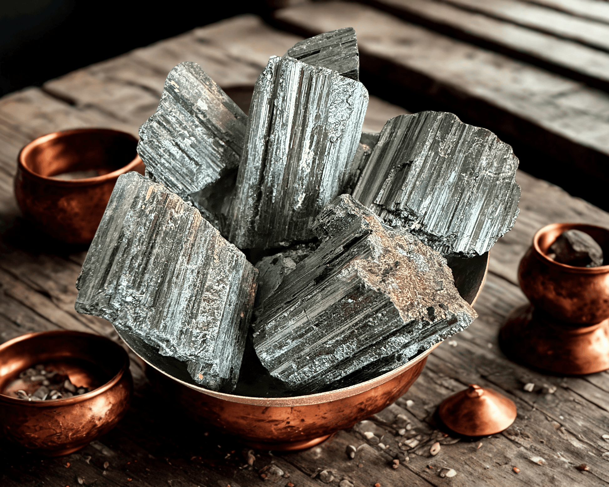 Raw black tourmaline rough from Brazil in a copper bowl on rustic wood — large striated chunks with natural sheen, 50g–120g pieces.
