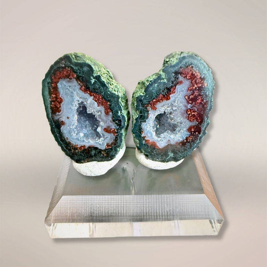 Tabasco Agate micro-geode pair on acrylic stand, colorful banded chalcedony, sparkling quartz interior, Zacatecas Mexico specimen