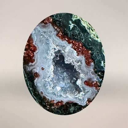 Matched micro-geode pair with green and red banded chalcedony, on display stand, arts and collectibles category