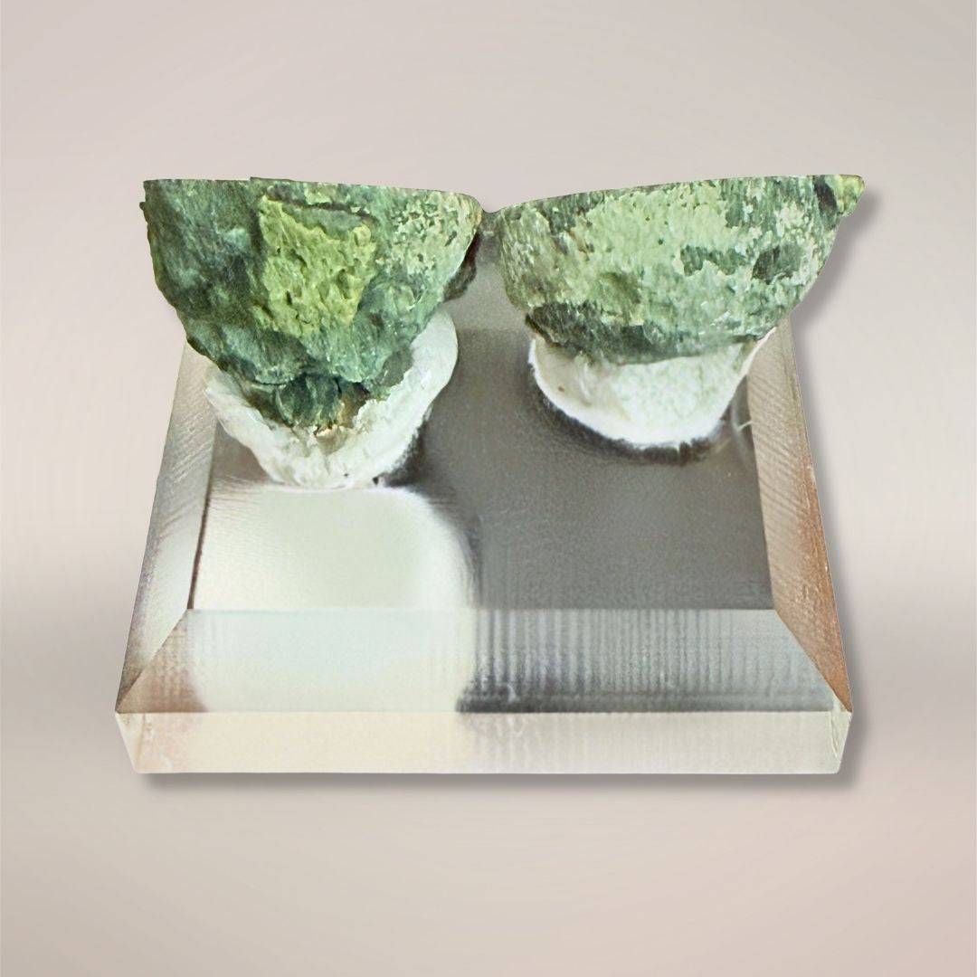 Back view of the Blue-green Tabasco agate micro-geode pair on display stand