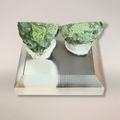 Back view of the Blue-green Tabasco agate micro-geode pair on display stand