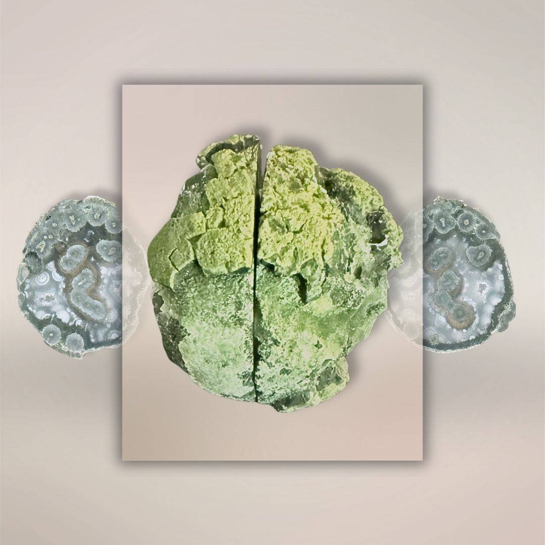 Green agate geode with matching micro-geodes on reflective surface