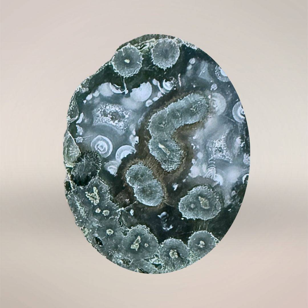 Artistic display of green agate mineral specimen with geode details