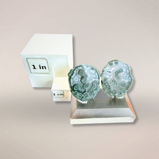 Close-up of blue-green agate micro-geodes with intricate patterns