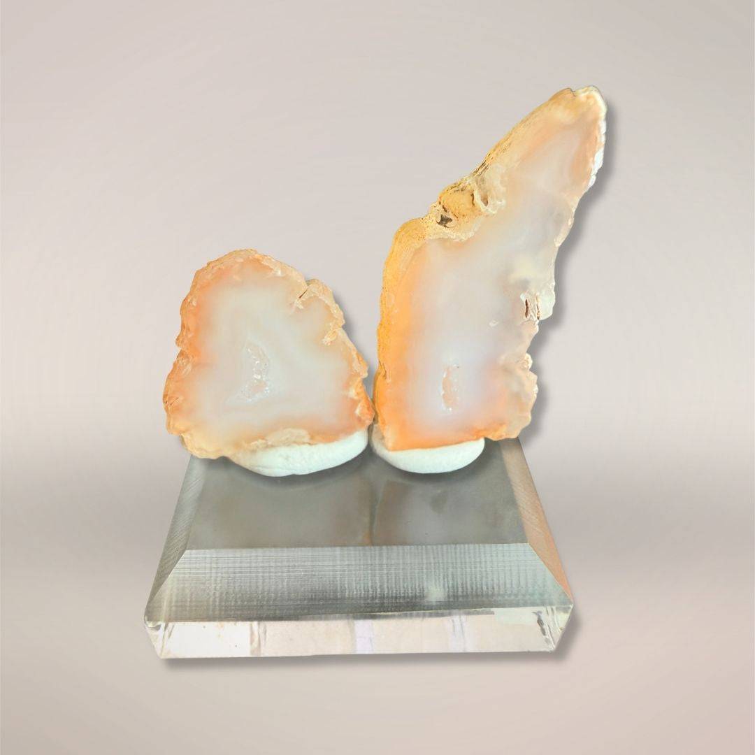 Colorless Tabasco agate micro-geode pair on display stand