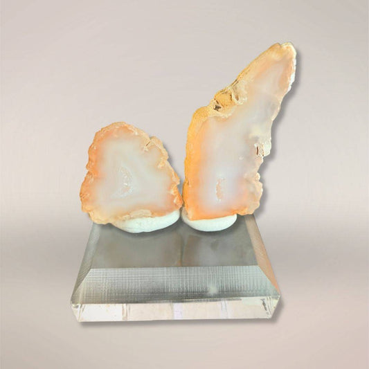 Colorless Tabasco agate micro-geode pair on display stand