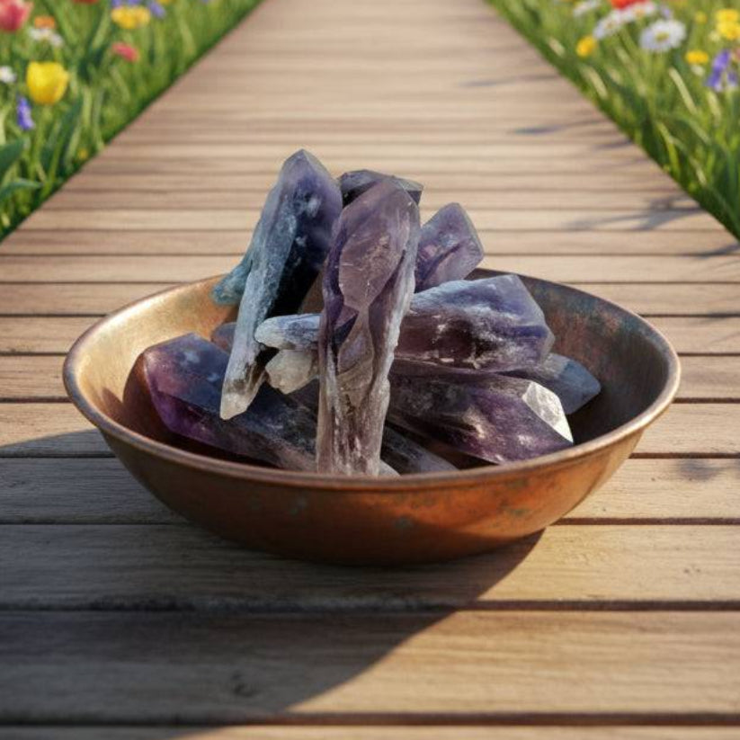 Terminated Phantom Amethyst Root Crystal group in a copper bowl on a wooden path, surrounded by blooming flowers. Sourced from Brazil, ideal for intuition and growth.