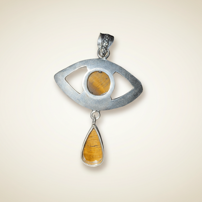 Tigers Eye Evil Eye Drop Pendant in Sterling Silver featuring a central round Tigers Eye stone and teardrop charm for spiritual protection and balance. Back view.