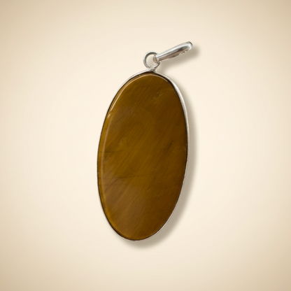 Tigers Eye Oval Pendant in sterling silver setting, showcasing golden-brown hues for courage, clarity, protection, and focus in jewelry design. Back view.
