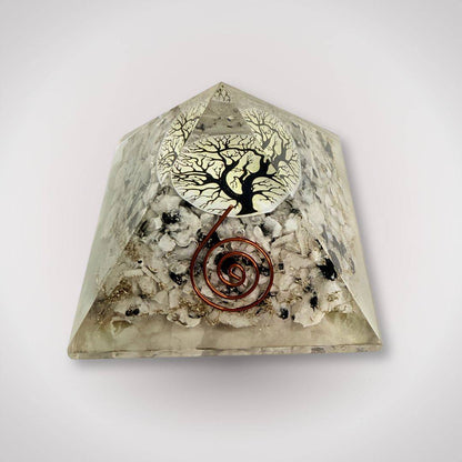 Front angle of Tree of Life Orgonite Pyramid showcasing embedded copper coil and quartz crystals for energy balance and home decoration.