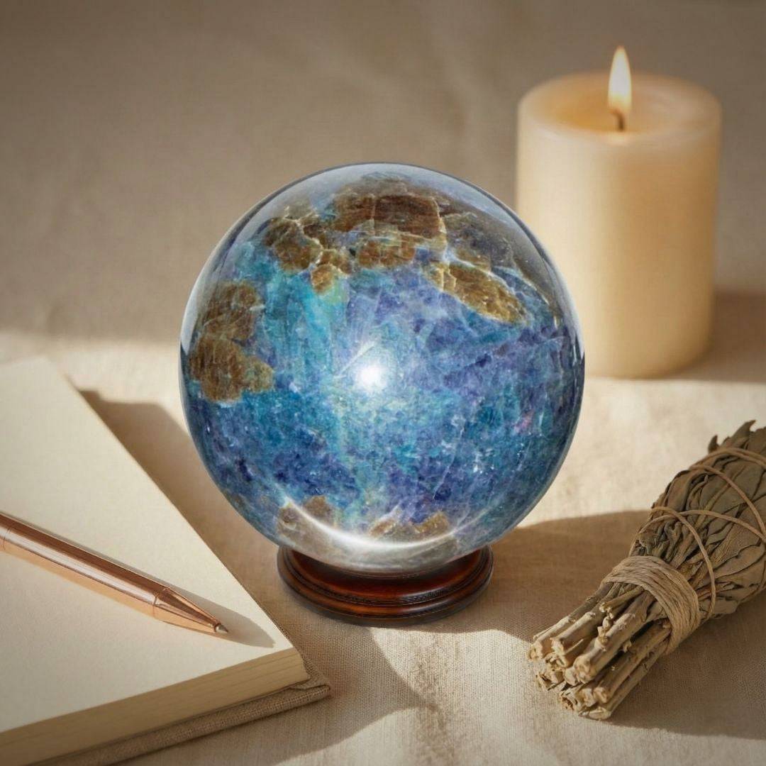 Trinity Stone Sphere 458g with Fuchsite, Kyanite, and Garnet on wooden stand beside candle, notebook, and sage bundle for spiritual decor.