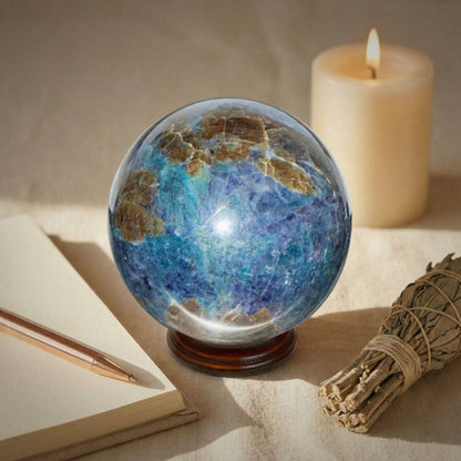 Trinity Stone Sphere 458g with Fuchsite, Kyanite, and Garnet on wooden stand beside candle, notebook, and sage bundle for spiritual decor.