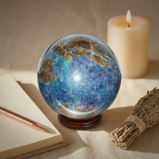 Trinity Stone Sphere 458g with Fuchsite, Kyanite, and Garnet on wooden stand beside candle, notebook, and sage bundle for spiritual decor.