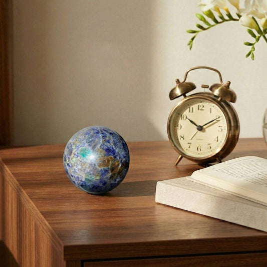 Trinity Stone Sphere 348g placed on a wooden desk near a vintage clock and book, showcasing its decorative and grounding energy appeal.